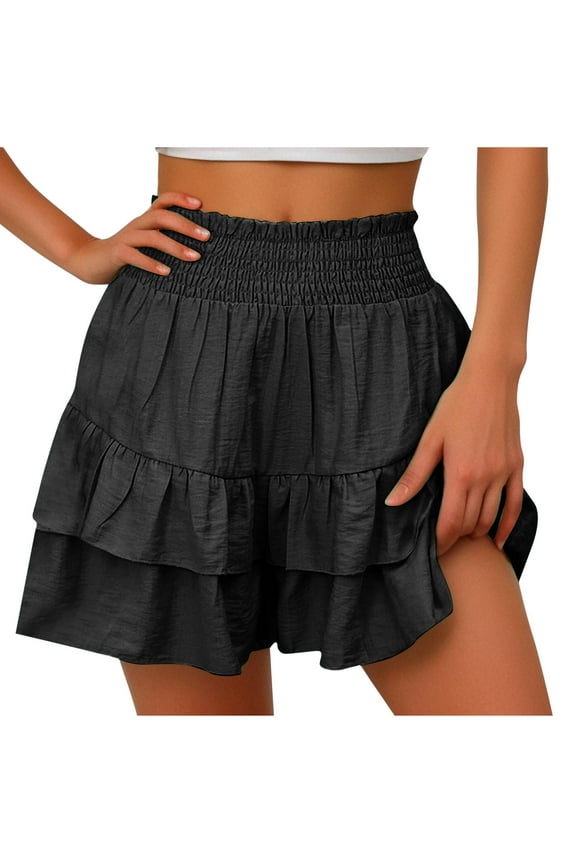 Short Skirt for Women Women's Summer Elastic Waist Pleated Layer Ruffle Hem Flowy A Line Short Skirt, Size S-2XL