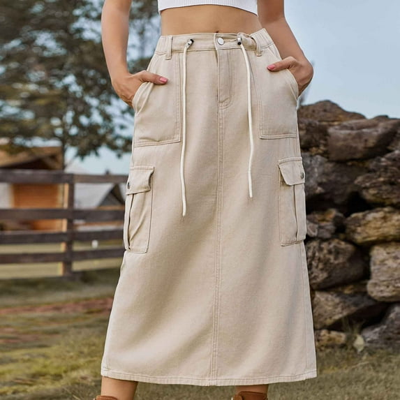 KIHOUT Skirt For Women Plus Size Clearance Women's Summer Comfort Fashion Solid Color Pocket Tie Vent Printing Skirt