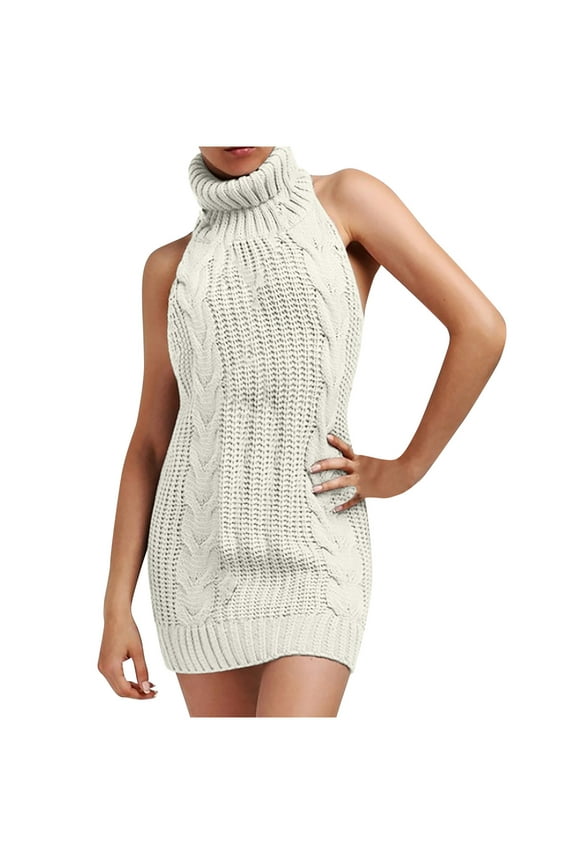Sleeveless Sweaters Dress for Women Backless Turtleneck Anime Virgin Killer Sweater One-Piece Bikini Package Hip Knit Tank Top Vest Ladies Warm Nightdress (White,S-2XL)