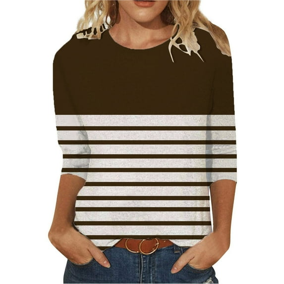 KIHOUT Spring Tops for Women 2024, Ladies Fashion Printed T-shirt Mid-length 3/4 Sleeves Blouse Round Neck Casual Tops