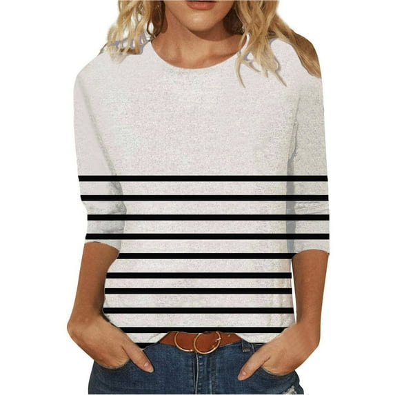 KIHOUT Spring Tops for Women 2024, Ladies Fashion Printed T-shirt Mid-length 3/4 Sleeves Blouse Round Neck Casual Tops