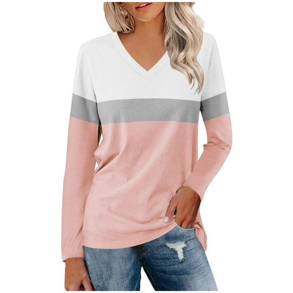 KIHOUT Spring Winter Womens Tops Color Block V-Neck Long Sleeve Loose Sweatshirts Blouse Top