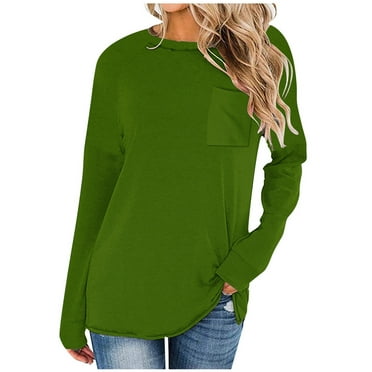 KIHOUT Spring Winter Womens Tops Fashion Casual Solid Drop Shoulder Long Sleeve Raglan Sleeve Tops Round Neck Loose Shirt with Poket