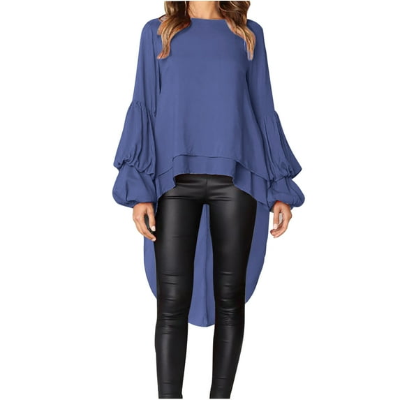KIHOUT Spring Winter Womens Tops Fashion Solid Color Long Sleeves Round-Neck Bishop Sleeve Irregular Top Blouse