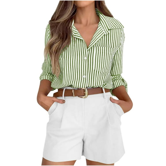 KIHOUT Striped Button Down Shirts for Women Dress Shirts Long Sleeve Casual Collared Office Work Shirt with Pocket