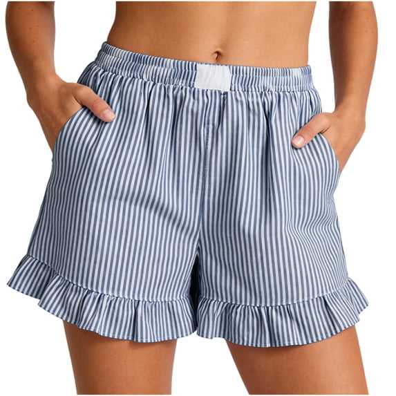 KIHOUT Stripes Short for Women Summer Elastic Waist Pleated Layer Ruffle Hem Flowy A Line Flax Shorts, Size S-2XL