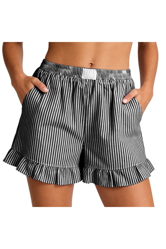 Stripes Short for Women Summer Elastic Waist Pleated Layer Ruffle Hem Flowy A Line Flax Shorts, Size S-2XL