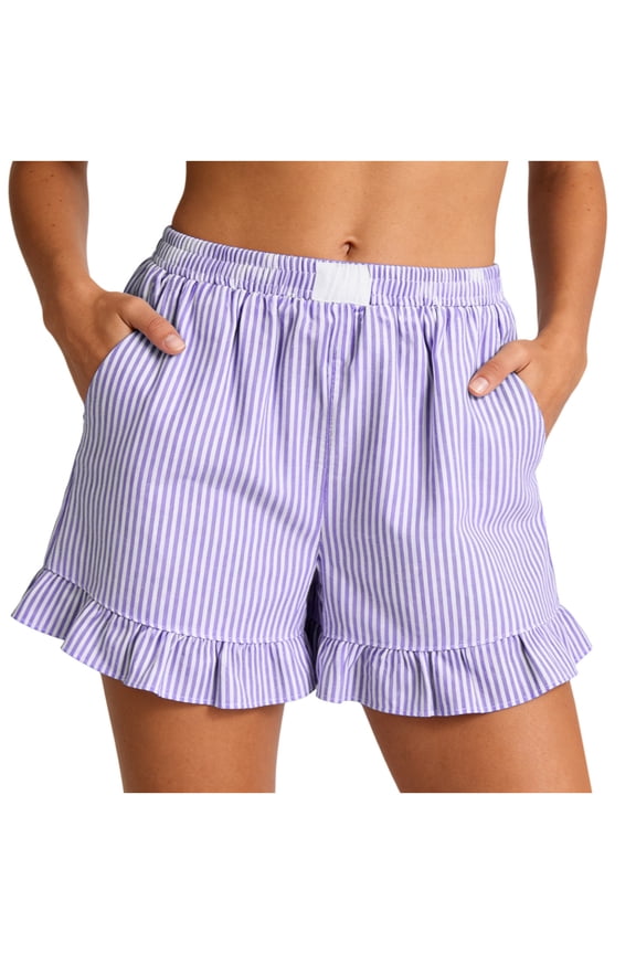 Stripes Short for Women Summer Elastic Waist Pleated Layer Ruffle Hem Flowy A Line Flax Shorts, Size S-2XL