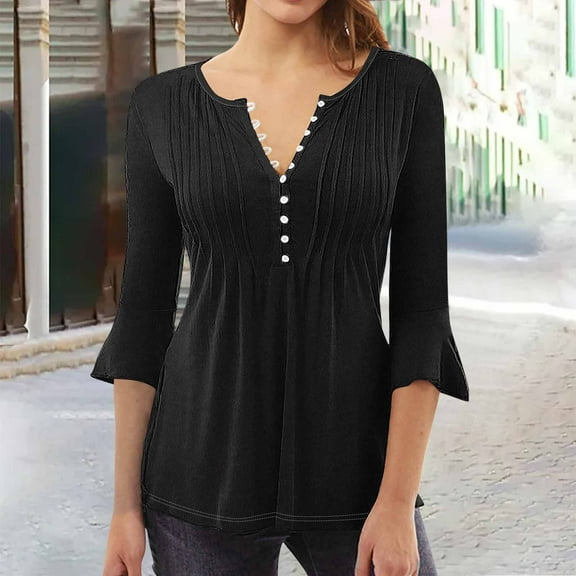 KIHOUT Summer/Autumn Women's Fashion Tops T-shirt 3/4 Sleeves Solid Blouse Round/V-Neck Button Casual Tops