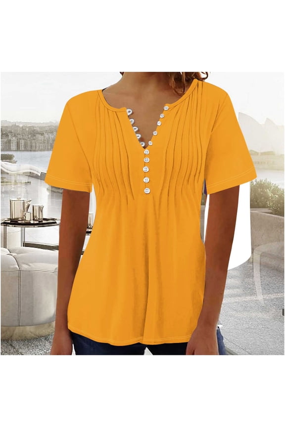 Summer/Autumn Women's Fashion Tops T-shirt Short Sleeves Solid Blouse Round/V-Neck Button Casual Tops