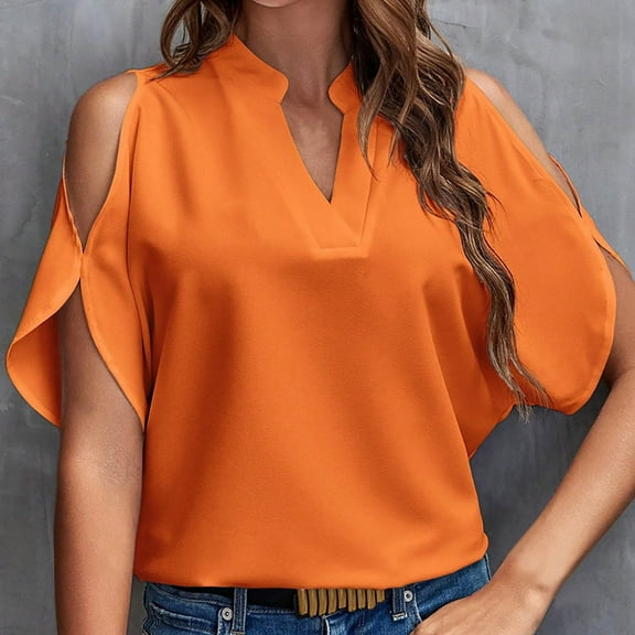 KIHOUT Summer/Autumn Women's Solid V-neck Off Shoulder Sleeved Women's Top Short Sleeved V-Neck Top/Shirt