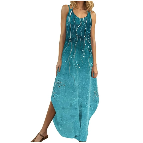 KIHOUT Summer Dresses for Women Fashion Backless Sleeveless V-Neck Halter Split Hemline Printed Maxi Dress Multicolor L
