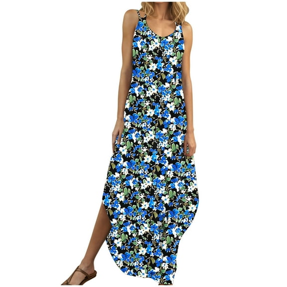 KIHOUT Summer Dresses for Women Fashion Backless Sleeveless V-Neck Halter Split Hemline Printed Maxi Dress Multicolor M