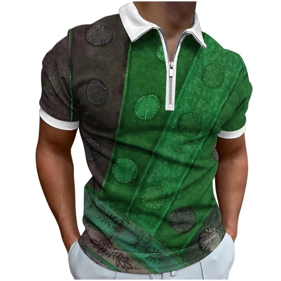 KIHOUT Summer Mens Shirts, Men Casual Printed Short Sleeve Turn Down Collar Zipper T-Shirt Blouse Tops Green M