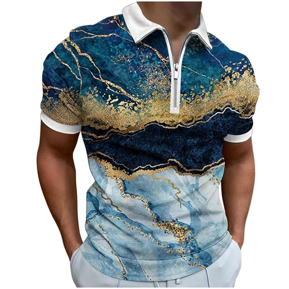 KIHOUT Summer Mens Shirts, Men Casual Printed Short Sleeve Turn Down Collar Zipper T-Shirt Blouse Tops Navy L