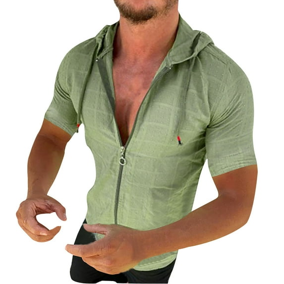 KIHOUT Summer Mens T-Shirts, Men's Casual Fashion Short Sleeve Hooded Blouse Short Sleeve Slim-fit Blouse Tops Shirt Green 2XL