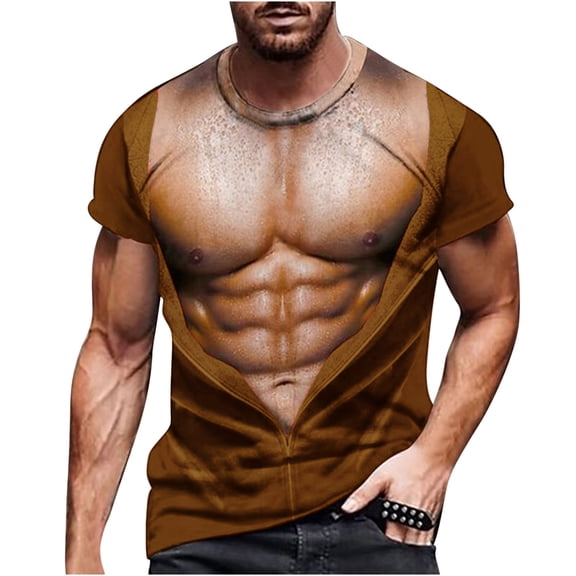 KIHOUT Summer Mens T-Shirts, Men's Fashion Muscular Men Print Fashion Fitness Round Neck Short Sleeve T-Shirt Coffee XL