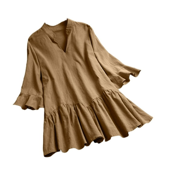 KIHOUT Summer Plus Size Tops for Women, Womens Spring Summer Solid Color Plus Size Casual Loose T-Shirt Short Sleeve V-Neck Tops Cotton Linen Blouse (Khaki 4XL)