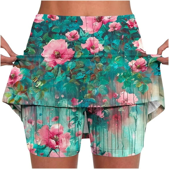 KIHOUT Summer Shorts Skirts for Women Floral Print Mid-waist Sports Skirts Swimsuit Bottom, Size S-4XL