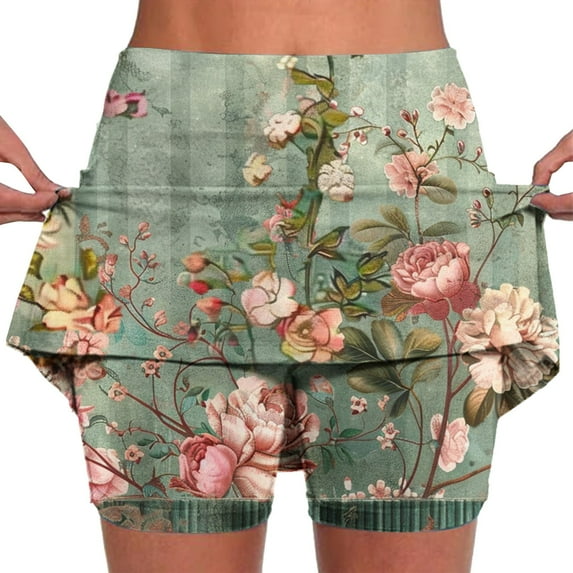 KIHOUT Summer Shorts Skirts for Women Floral Print Mid-waist Sports Skirts Swimsuit Bottom, Size S-5XL