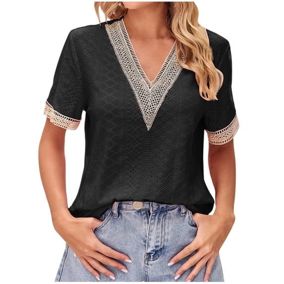 Summer Savinghs KIHOUT Summer Tops for Women, Women's Fashion Casual Solid Short Sleeved Lace Loose And Comfortable T-shirt Top Short Sleeved V-neck Top/Shirt (Black S)