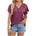 thumbnail image 1 of Summer Savinghs KIHOUT Summer Tops for Women, Fashion Women's Solid Color Loose T-Shirt Short Sleeved V-Neck Top (Wine M), 1 of 5
