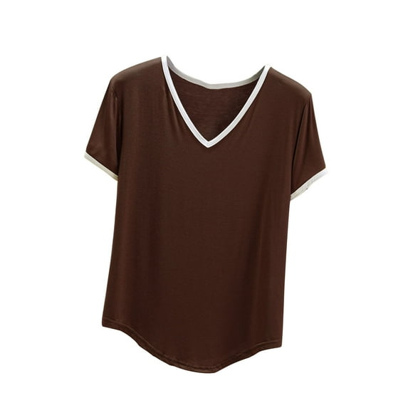 Summer Savinghs KIHOUT Summer Tops for Women, Women's V-neck Solid Color Short Sleeved Loose T-shirt Short Sleeved V-neck Top/shirt (Coffee M)