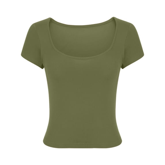 KIHOUT Summer Tops for Women, Fashion Women's Solid Round-Neck Casual Short Sleeved Top (Army Green S)