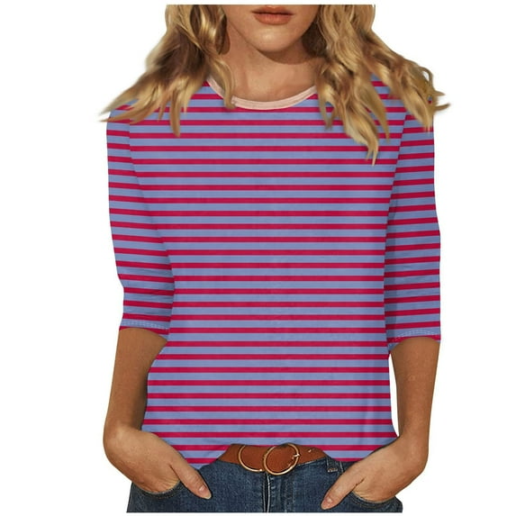 KIHOUT Summer Tops for Women, Fashion Women's Striped Printed Blouses Three-Quarter Sleeve T-Shirt Round-Neck Top (Hot Pink XL)