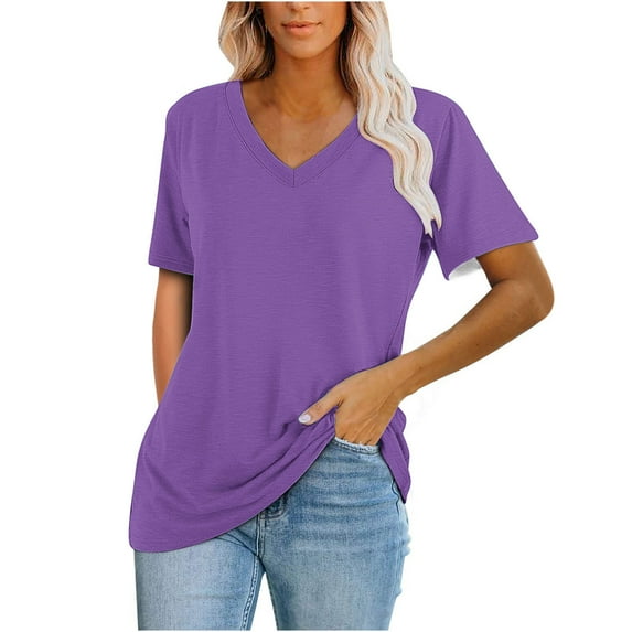 KIHOUT Summer Tops for Women, Women's Casual Blouses Solid Color T-Shirt Short Sleeved V-Neck Top (Purple M)