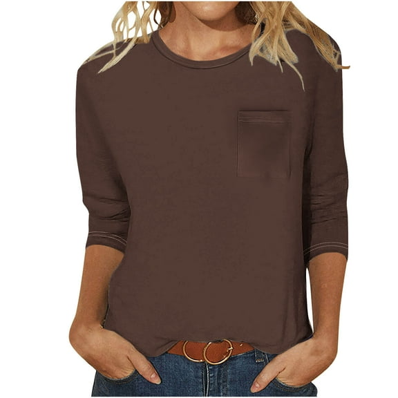 KIHOUT Summer Tops for Women, Women's Casual Solid Color Round Neck 3/4 Sleeve And 3/4 Sleeve Pocket Top (Brown 3XL)