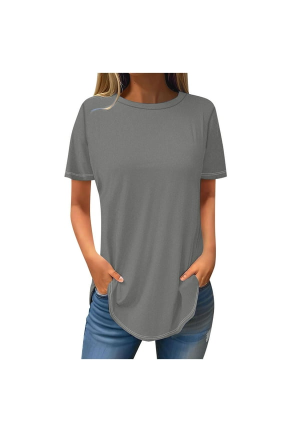 Summer Tops for Women, Women's Fashion Sold Short Sleeves Blouse Round Neck Casual Tops (Gray 3XL)
