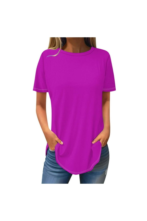Summer Tops for Women, Women's Fashion Sold Short Sleeves Blouse Round Neck Casual Tops (Hot Pink M)
