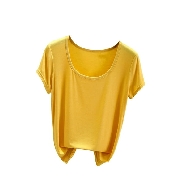 KIHOUT Summer Tops for Women, Women's Oversized Summer Solid Color Short Sleeved Round Neck Loose Top (Yellow 2XL)