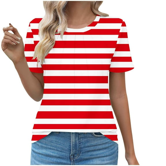 KIHOUT Summer Tops for Women, Women's Round Neck Printed Pleated Pullover Fashionable Casual Short Sleeved Spring/summer Top (Red 2XL)