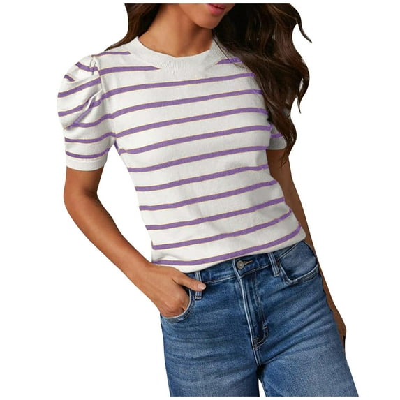 KIHOUT Summer Tops for Women, Women's Short Puff Sleeve Knit Tops Trendy Crewneck Striped T-Shirts Casual Summer Blouses (Purple L)