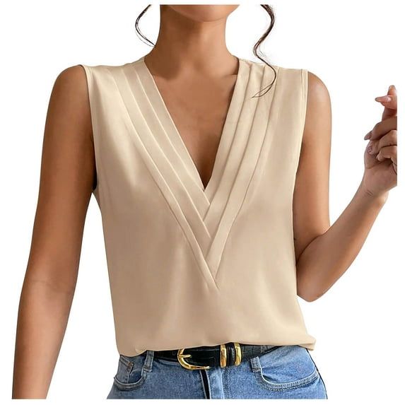 KIHOUT Summer Tops for Women, Women's Solid Color Multi-level V-neck Solid Color Top V-neck (Beige L)