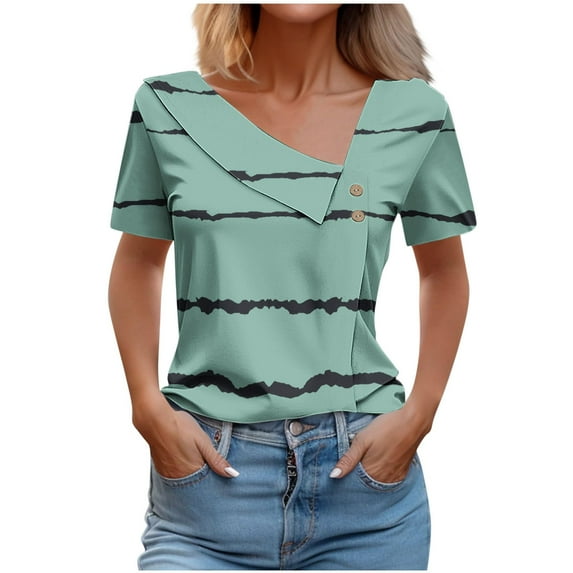 KIHOUT Summer Tops for Women, Women's V-Neck Fashion Casual Short-Sleeved Spring And Summer Top (Green S)