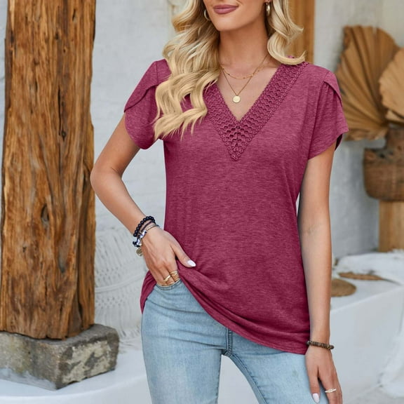 KIHOUT Summer Women's Casual Top Lace V-Neck Short Sleeve T-Shirt Patchwork Solid Color Loose T-Shirt Top