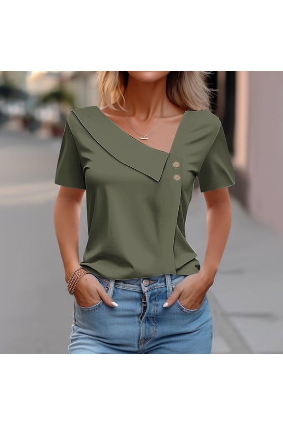 Summer Women's Print Blouses Short Sleeved V-Neck Button Decoration Tops Blouse