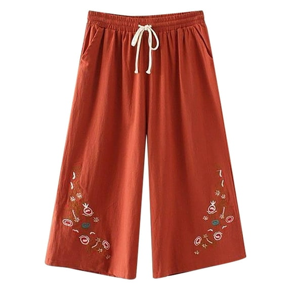 KIHOUT Summer Womens' Pants,Elastic Waist Wide Leg Printed Cropped Capris Fashion Wild Shorts S-3XL