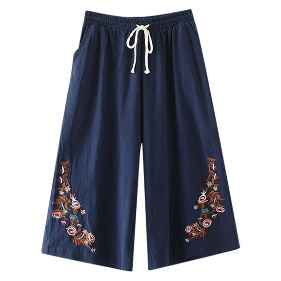 KIHOUT Summer Womens' Pants,Elastic Waist Wide Leg Printed Cropped Capris Fashion Wild Shorts S-3XL