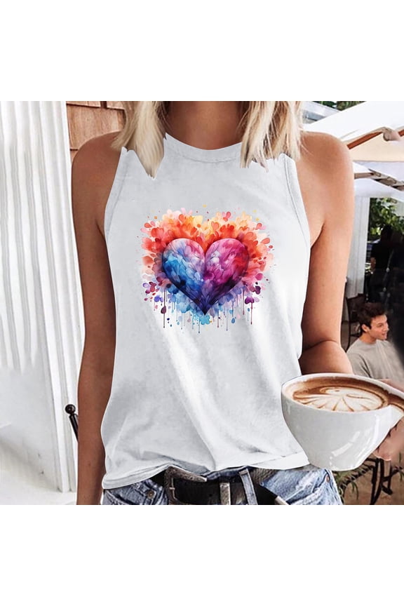 Summer for Women Tank Tops Sleeveless Camisole and Tops Regular Round Neck Colored Love Pattern Tops