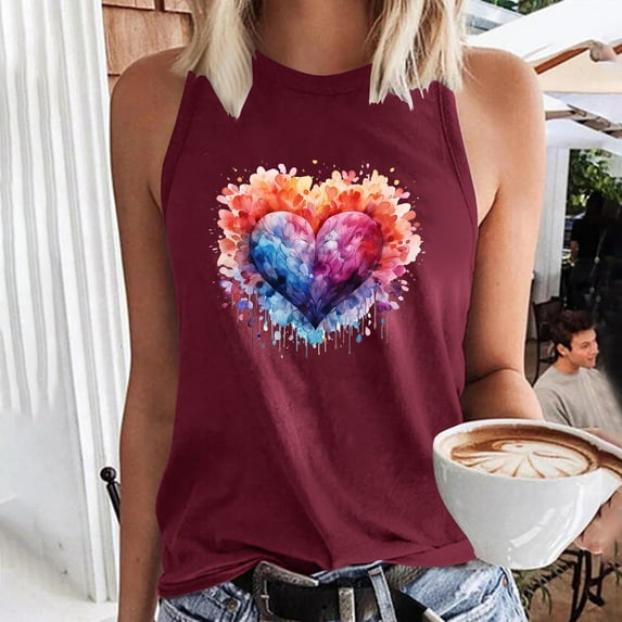 KIHOUT Summer for Women Tank Tops Sleeveless Camisole And Tops Regular Round Neck Colored Love Pattern Tops