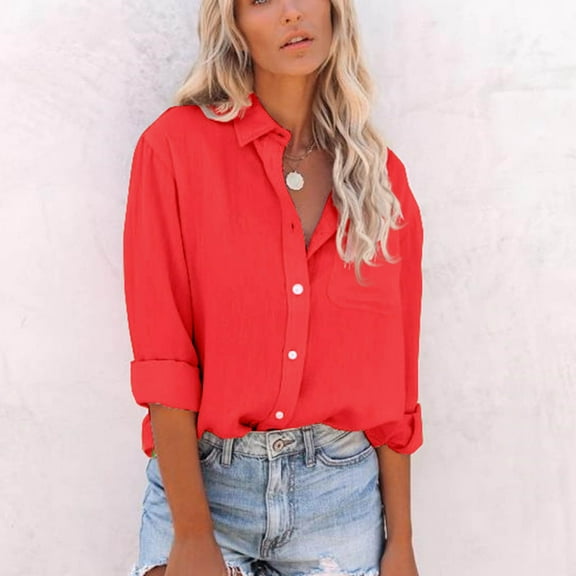 KIHOUT Tops For Women Fashion Women Casual Pockets Solid Turn-Down Neck Cardigan Long Sleeve Loose T-Shirt Autumn Blouse Button Tops