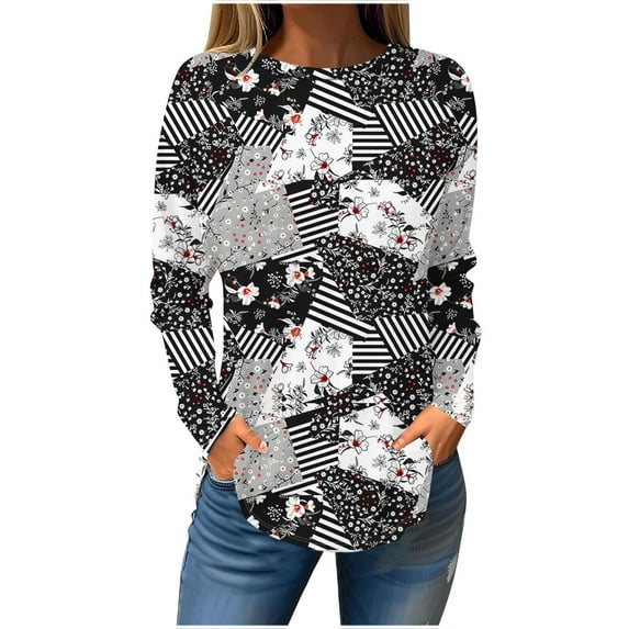 KIHOUT Tops, Women Tunic Tops for Leggings Fashion Graphic Print Shirt Casual Long Sleeve Round Neck Loose Tunics Blouse