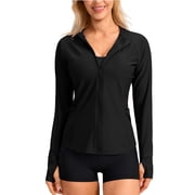 KIHOUT UPF 50+ Sun Protection Full Zip Rash Guard Women Long Sleevewith Thumb Holesand Pockets Swim Workout Top