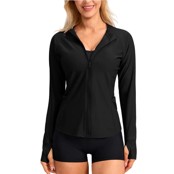 KIHOUT UPF 50+ Sun Protection Full Zip Rash Guard Women Long Sleevewith Thumb Holesand Pockets Swim Workout Top
