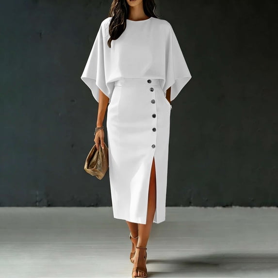 KIHOUT Women 2 Piece Elegant Office Outfit Batwing Short Sleeve Top High Waist Button Decor Slit Midi Skirt Business Casual Matching Set With Pockets