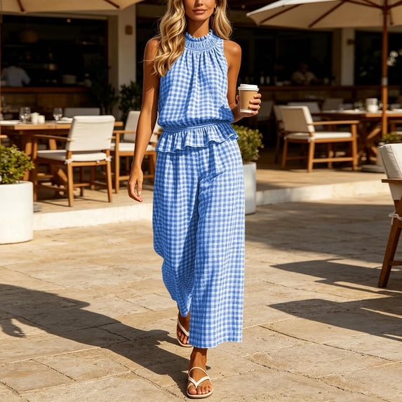 KIHOUT Women 2 Piece Outfits Halter Neck Sleeveless Ruffled Top and High Waisted Wide Leg Pants Set Gingham Print Casual Summer Lounge Wear with Pockets